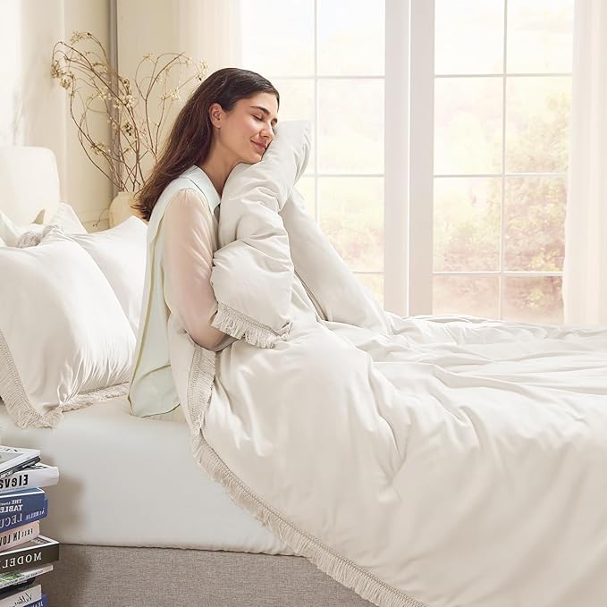 Andency Comforter Full Size Set Beige, 3 Pieces Boho Tassel Lightweight Bedding Full, Soft All Season Fluffy Bed Set Gift Choice (79x90In Comforter & 2 Pillowcases)