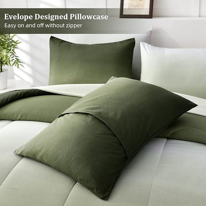 7 Pieces Olive Green King Comforter Set - Lightweight Gradient Dark Green Bed in a Bag Set, All Season Down Alternative Complete Bedding Set with Flat/Fitted Sheet, 2 Pillowcases and 2 Pillow Shams