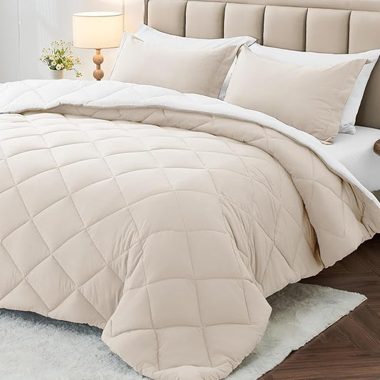 MUXHOMO 7 Pieces Full Comforter Set, Reversible Bed in a Bag Full Size, All Season Bedding Set with Comforter, Flat Sheet, Fitted Sheet, Pillowcases & Shams, Beige & White