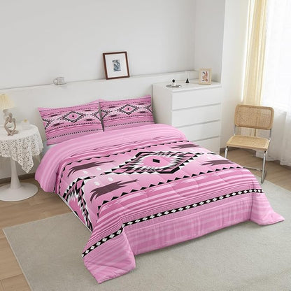 Feelyou Pink Boho Western Bedding Set Toddler Size Kids Southwest Native Tribal Comforter for Boys Girls Teens Geometric Comforter Set Soft Microfiber West Room Decor