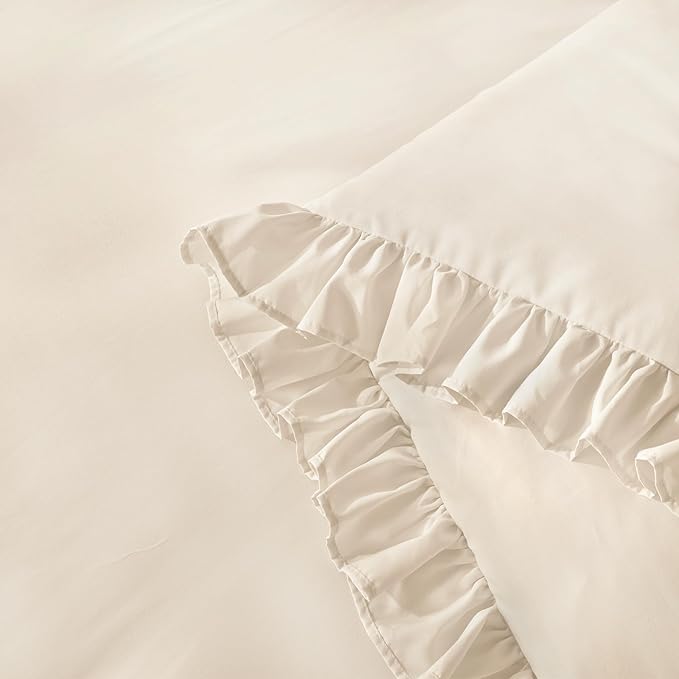 Andency Beige Comforter Set Queen Size, 3 Pieces Shabby Chic Ruffle Bedding Comforter Sets for Queen Bed, Lightweight Fluffy Soft Microfiber Farmhouse Comforter Set