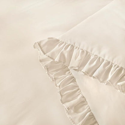 Andency Beige Comforter Set Full Size, 3 Pieces Solid Ruffle Vintage Rustic Soft Bedding Comforter Sets, All Season Lightweight Fluffy Soft Microfiber Bedding Set (79x90 Comforter & 2 Pillowcases)