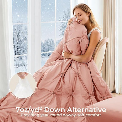 Sasttie Full Size Comforter Set, 7-Piece Bed in a Bag Double, Pintuck Bedding Set for All Season, Includes Comforter, Flat Sheet, Fitted Sheet, Pillowcases and Pillowshams, Blush