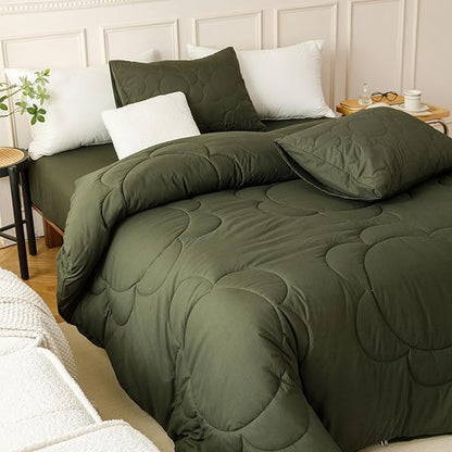 CLOTHKNOW Army Green Floral Comforter Set Full 3Pcs Daisy Puff Bedding Comforter Sets Dark Green Comforter King Size Hunter Green Boho King Size Comforter Set