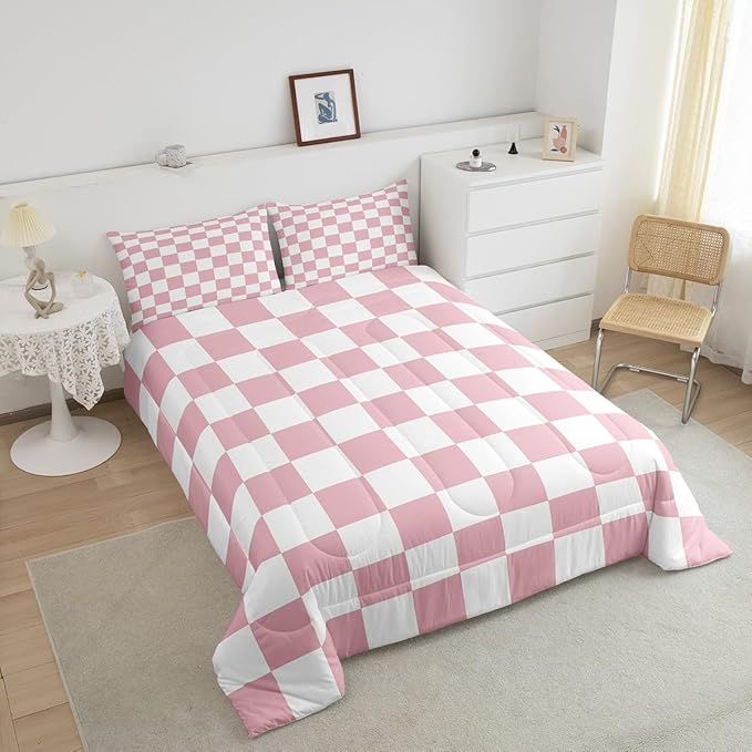 Feelyou Checkered Bedding Set Teen Women Men Pink Plaid Comforter Set Queen Size Kids Boys Girls Cute Retro Neutral Checkerboard Geometric Duvet Insert Vintage Aesthetic Room Decor
