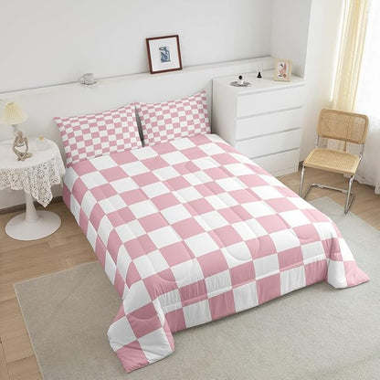 Feelyou Checkered Bedding Set Teen Women Men Pink Plaid Comforter Set Twin Size Kids Boys Girls Cute Retro Neutral Checkerboard Geometric Duvet Insert Vintage Aesthetic Room Decor