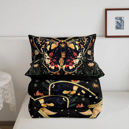 Erosebridal Halloween Boho Moth Bedding Set Toddler, Gothic Nature Comforter Set Boho Exotic Vintage Floral Black Comforter for Kids Teens Youth Women Men Bedroom, Starry Sky Quilt with 1 Pillow Case