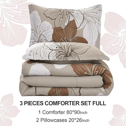 Menghomeus Brown Comforter Set Full Taupe Floral Comforter Botanical Bedding Sets, Soft Bed Comforter Set for All Season (1 Comforter, 2 Pillowcases)