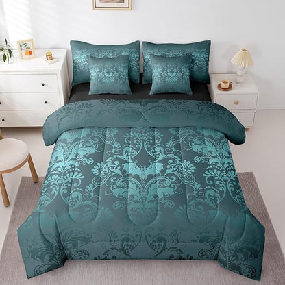 Erosebridal Gothic Damask Bed in a Bag Queen Comforter Set 7 Piece,Halloween Bat Bedding Sets Turquoise Victorian Floral Goth Sheet Set with Comforter