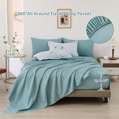 WONGS BEDDING Comforter Set Queen Size, 7 Pieces Aqua Botanical Bed in a Bag Golden Leaves Gradient Bedding Set Soft Microfiber (1 Comforter,2 Pillowcase,2 Pillow Shams,1 Flat Sheet,1 Fitted Sheet)