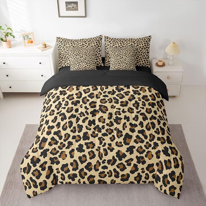 Erosebridal Leopard Print Beige Yellow Black 7 Piece Bedding Set Twin | Cheetah Fur Comforter Set with Sheets Animal Skin Pattern Bed in A Bag Women Men Adults Bed Sets