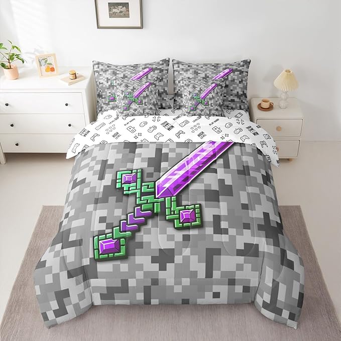 Castle Fairy Green Purple Sword 7 Piece Comforter Set Queen Size,Miner Check All Season Reversible Bed in a Bag Video Games Bedding Sets Cool Pixel Flat Sheet,Fitted Sheet,Pillowcases