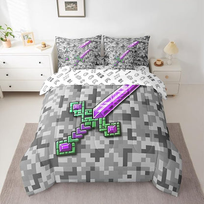 Castle Fairy Green Purple Sword 7 Piece Comforter Sets King Size,Miner Check All Season Reversible Bed in a Bag Video Games Bedding Sets Cool Pixel Flat Sheet,Fitted Sheet,Pillowcases