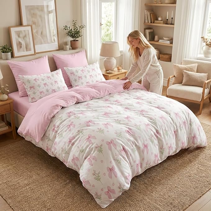 Nayoroom Pink Bow Comforter Set Full Size Coquette Pink Floral Comforter 3 Pieces Soft Lightweight Kids Girls Cute Aesthetic Dorm Bedding Set for All Seasons