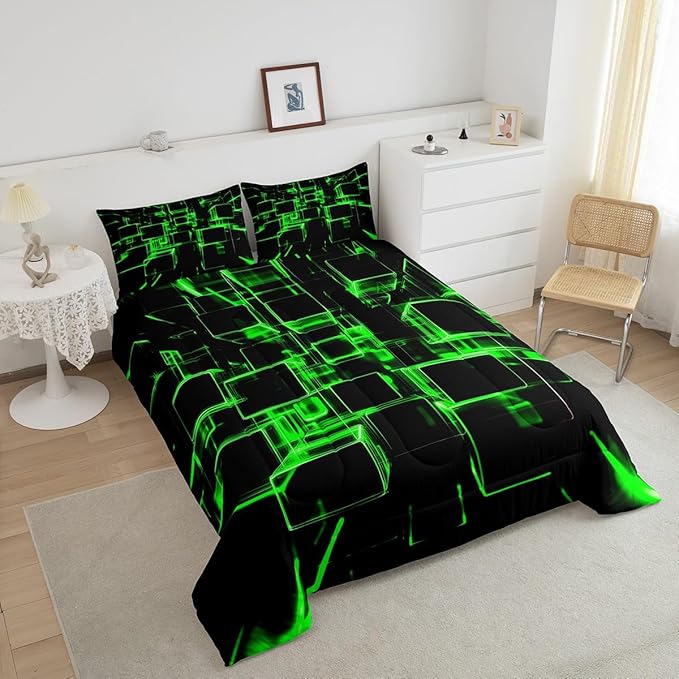Erosebridal Fluorescent Green and Black Kids Comforter Set, Modern Geometric Square Bedding for Boys Girls Gradient Neon Light Honeycomb Duvet Set Queen 3 Pieces