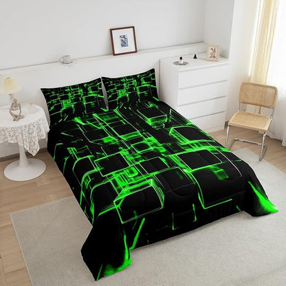 Erosebridal Fluorescent Green and Black Kids Comforter Set, Modern Geometric Square Bedding for Boys Girls Gradient Neon Light Honeycomb Duvet Set King 3 Pieces