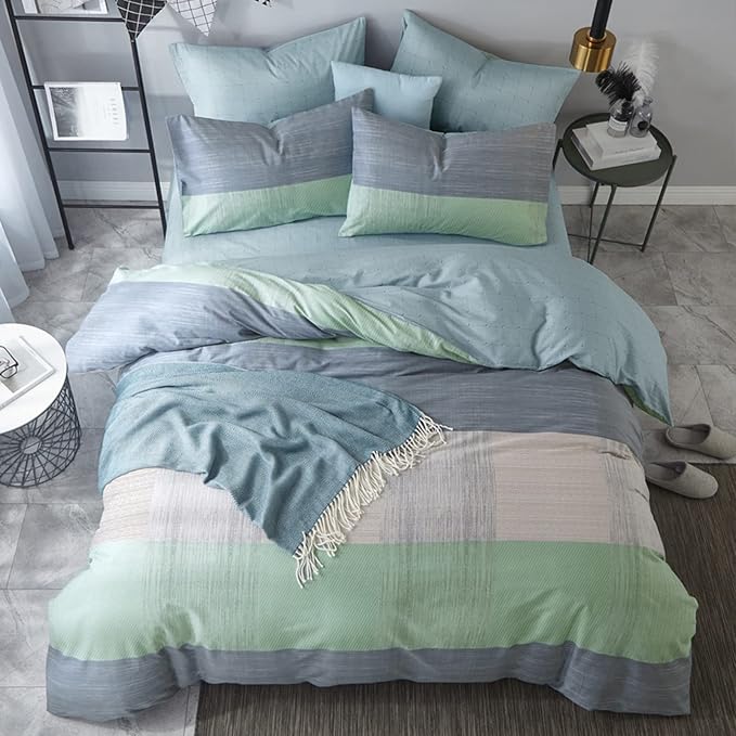HighBuy Green Blue Stripe Comforter Set for Full Size Bed,Comfy Soft Geometric Bedding Comforter Full Bed Set 3 Piece with 2 Pillowcases,Hotel Fluffy Boho Bedding Set,All Season,Teen Boy