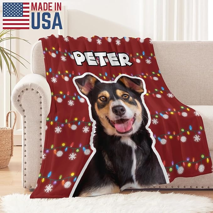 Personalized Christmas Blanket with Pet's Picture & Name, Custom Puppy Photo Collage Throw Blanket, Pet Memorial Blanket Gift for Cat & Dog Lovers, Gifts for Dog Mom & Dad