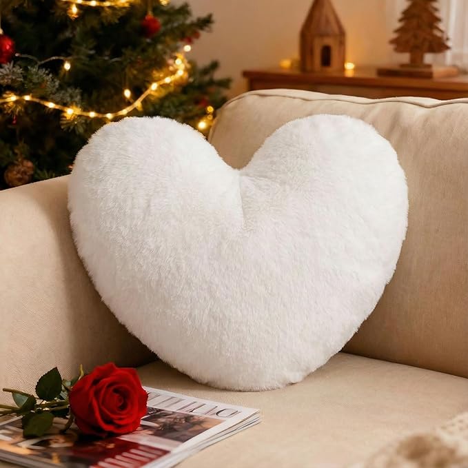 Nydotd Heart Pillows Cute Fuzzy Throw Pillow White Love Heart Shaped Decorate Pillows for Bed Livingroom Sofa Gifts Home Decor Cushion Small 11.8" x 10"