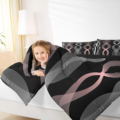 Erosebridal Pink and Black Twin Bedding Set for Girls, Boho Pink Striped Abstract Comforter Set, Contemporary Aesthetic Ombre Line Comforter for Women Teens Bedroom, Modern Geometric Stripes Quilt