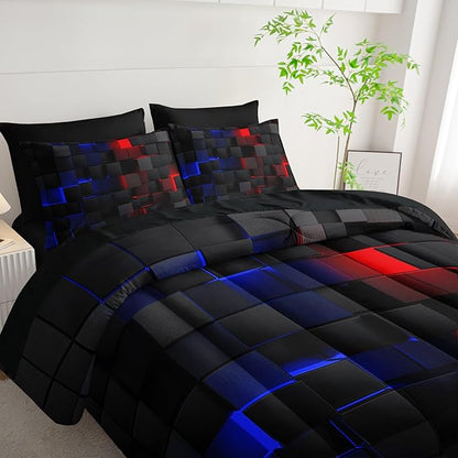 Red and Blue Checkered Comforter Set Twin Honeycomb Bedding Sets,Light Honeycomb Bedding Set 7 Piece in A Bag,Bed Sheet Set Geometry Decor,Microfiber Lightweight All Season