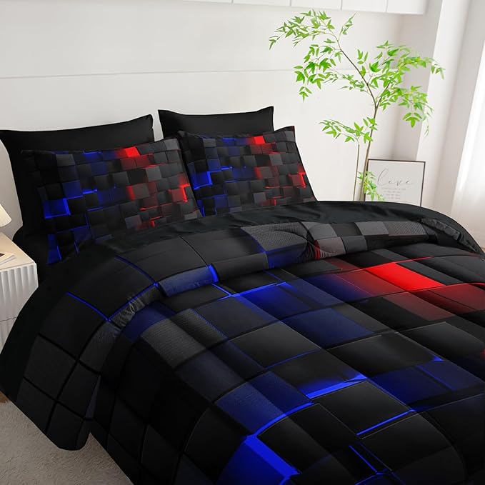 Red and Blue Checkered Comforter Set Full Honeycomb Bedding Sets,Light Honeycomb Bedding Set 7 Piece in A Bag,Bed Sheet Set Geometry Decor,Microfiber Lightweight All Season