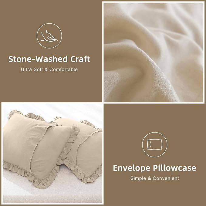 QSH Wheat Comforter King Size for Bed, Shabby Ruffle Chic Bedding Comforter Set, 3 Pices Farmhouse Vintage Bedding Sets, All Season Ultra Soft Lightweight Microfiber Fluffy Comforter
