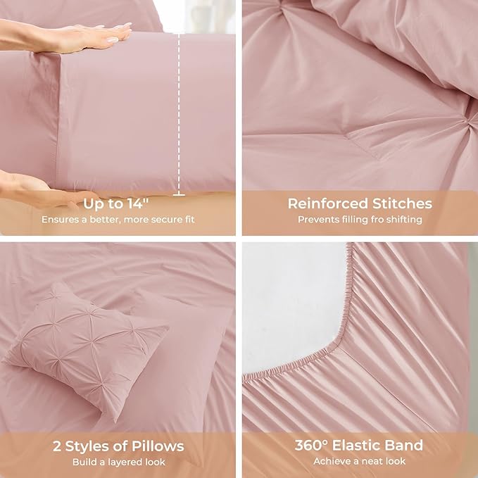 Sasttie Full Size Comforter Set, 7-Piece Bed in a Bag, Pintuck Bedding Set for All Season, Includes Comforter, Flat Sheet, Fitted Sheet, Pillowcases and Pillowshams, Rose Gold