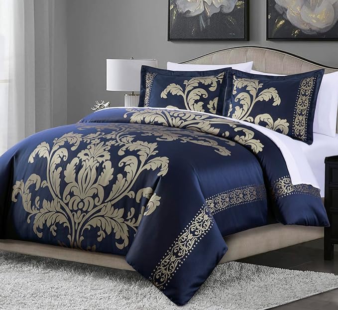 Chezmoi Collection Valor 7-Piece King Bed in a Bag, Navy/Gold Luxury Jacquard Floral Comforter with Sheets Set for All Season