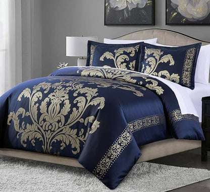 Chezmoi Collection Valor 7-Piece King Bed in a Bag, Navy/Gold Luxury Jacquard Floral Comforter with Sheets Set for All Season