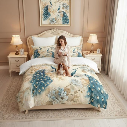 Peacock Comforter Set Full Size, Oriental Birds Floral Bedding Set, 3 Pieces Asian Bedroom Decor with 2 Pillowcases/79 * 90