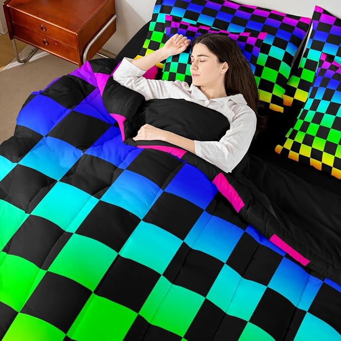 Multicolored Checkered Retro Comforter Set with Sheets 7 Piece Full Size Geometric Vintage Bed in a Bag Kids Boys Girls Colorful Bedding Set Modern Groovy Aesthetic Bedroom Decor Breathable Soft