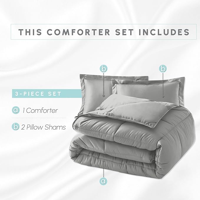 Elegant Comfort 3-Piece Box Stitched Down Alternative Comforter with Shams - Ultra Soft for All Season Duvet Insert with Corner Tabs, Plush Cozy 3PC Comforter Set, California King, Silver Gray