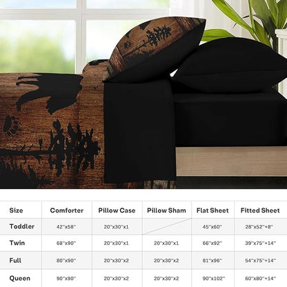 Nesker 7 Pcs Comforter Set Full Size, Wild Animal Brown Wooden Plank Bedding Set for Kids and Adults, Bears Farmhouse Cabin Rustic Bed Sheet Sets with Fitted Sheet 2 Pillowcases & 2 Shams