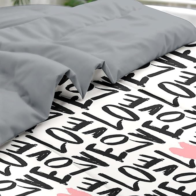 Comforter Set Queen Size, Love Heart 7 Pcs Bedding for Kids and Adults, Black and Pink Bedding Sets with Fitted Sheet 2 Pillowcases & 2 Shams for Bedroom Bed Decor