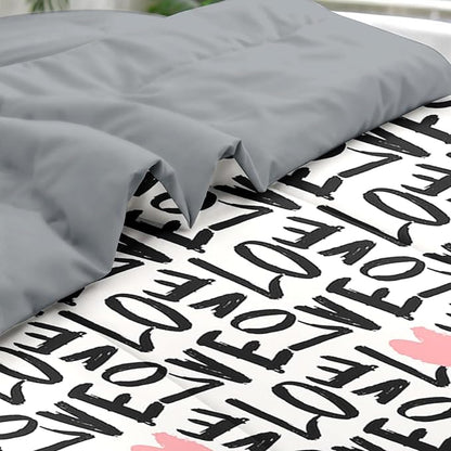 Comforter Set Queen Size, Love Heart 7 Pcs Bedding for Kids and Adults, Black and Pink Bedding Sets with Fitted Sheet 2 Pillowcases & 2 Shams for Bedroom Bed Decor