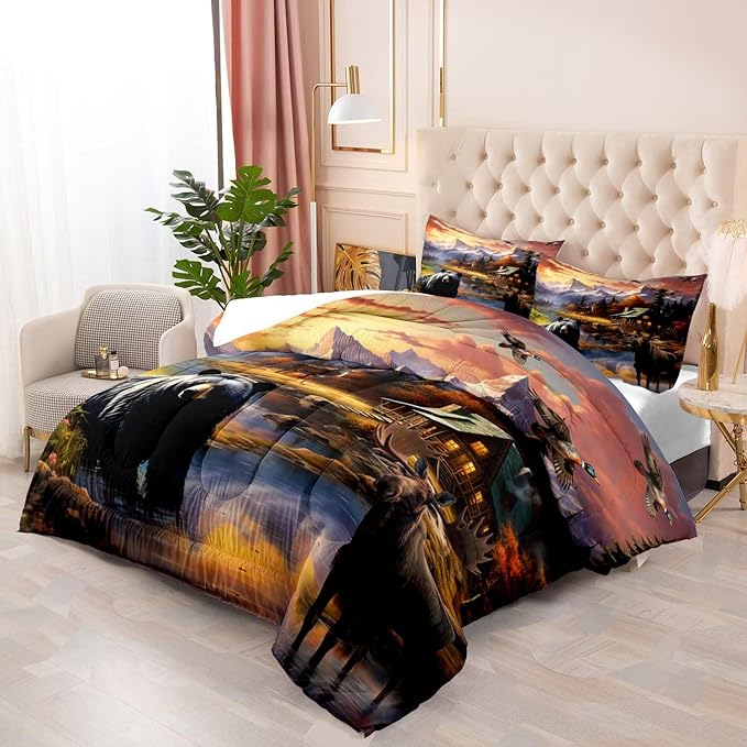 LUVIVIHOME 3PCS Black Bear Deer Moose Comforter Set Full Size, Mallard Duck Mountain Woodland Forest Animal Wildlife Hunting Hunter Country Lodge Rustic Farmhouse Cabin Bedding Sets, 2 Pillow Shams
