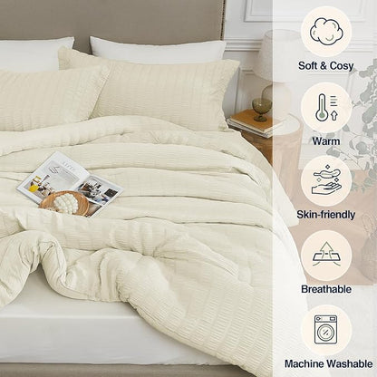 Queen Comforter Set Cream,3PCS Seersucker Lightweight Bedding Comforter for All Season, Queen Size(90''×90'' Comforter & 2 Pillowcases)