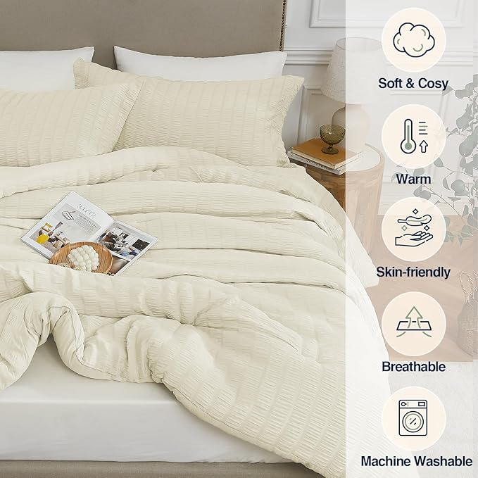 Full Size Comforter Set Cream,3PCS Seersucker Lightweight Bedding Comforter for All Season, Full Size(82''×86'' Comforter & 2 Pillowcases)