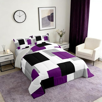 Castle Fairy Purple Black White Grid Twin Size Comforter Set,Geometric Square Splicing Quilt Set Soft Bed Collection,Modern Abstract Bedding Comforter for Boys Girls Room Decor,2 Pcs