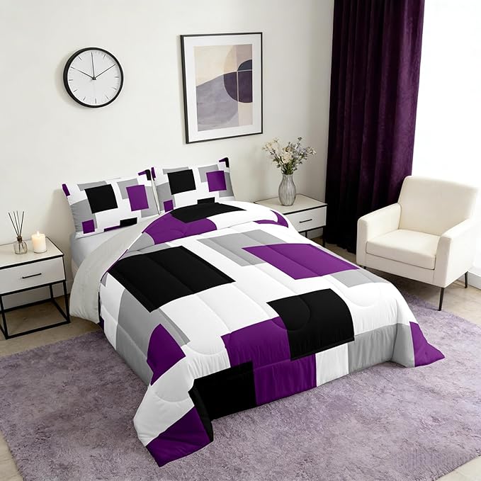 Castle Fairy Purple Black White Grid Kids Comforter Set,Geometric Square Splicing Bedding Set All Season,Modern Abstract Comforter 2 Pcs with 1 Pillowcase,Toddler Size