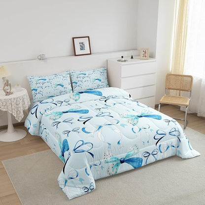 Feelyou Bow Bedding Set Boys Girls King Size Cute Bowknot Comforter Set for Kids Women Men Ultra Soft Blue Girls Bow Comforter Lovely Duvet Set