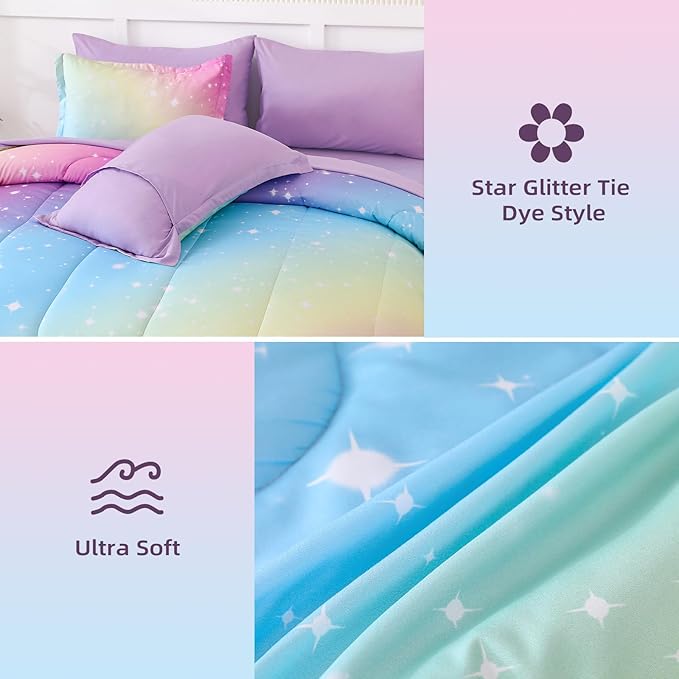 Drucon Rainbow Comforter Set Twin Size for Teen Girl &Boys,6 Pieces Bed in A Bag Blue Blush Rainbow Bedding Set Twin Size(1 Comforter, 1 Flat Sheet, 1 Fitted Sheet, 1 Pillow sham, 2 Pillowcases)
