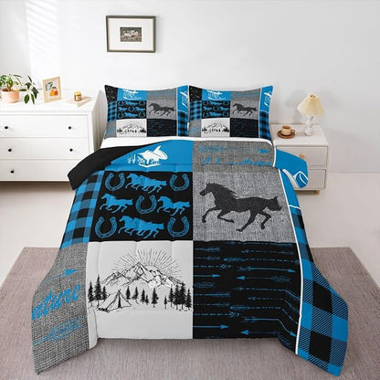 Erosebridal Horse Quilt for Teens, Western Cowboys Cowgirls Comforter Set Queen, Vintage Riding Boots Farm Animal Bedding Set Rustic Southwestern Horseshoe Duvet Sets Cabin Lodge Room Decor, Blue