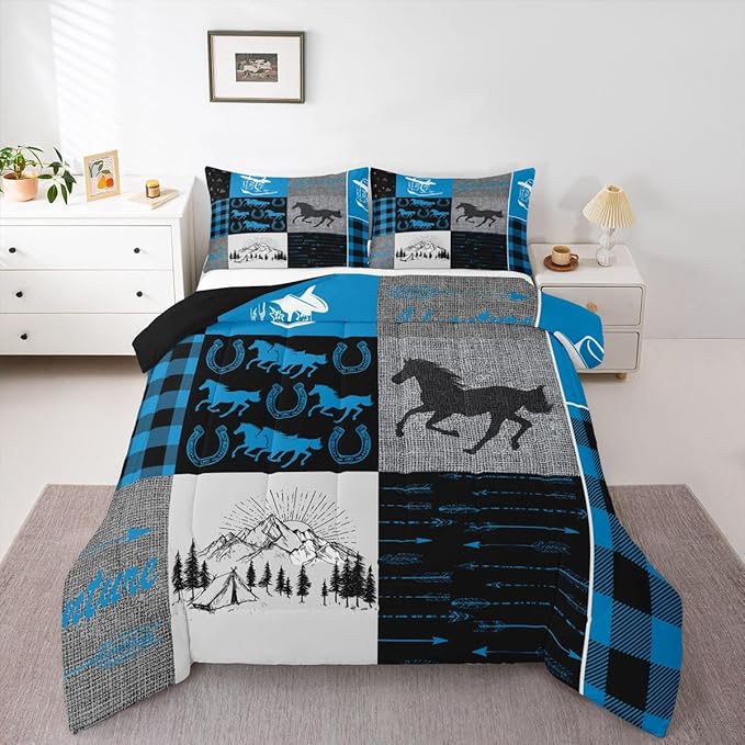 Erosebridal Horse Quilt for Teens, Western Cowboys Cowgirls Comforter Set King, Vintage Riding Boots Farm Animal Bedding Set Rustic Southwestern Horseshoe Duvet Sets Cabin Lodge Room Decor, Blue