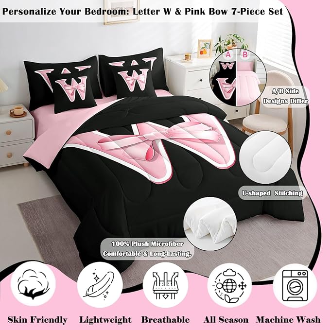 jejeloiu Kawaii Pink Bow Queen Comforter Set with Sheets,Gifts for Women Teen Girl,Monogrammed 7 Piece Bedding Set,Soft Personalized Initial Letter W Bed in a Bag with Comforter,Sheets,Pillowcases