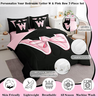 jejeloiu Kawaii Pink Bow Queen Comforter Set with Sheets,Gifts for Women Teen Girl,Monogrammed 7 Piece Bedding Set,Soft Personalized Initial Letter W Bed in a Bag with Comforter,Sheets,Pillowcases