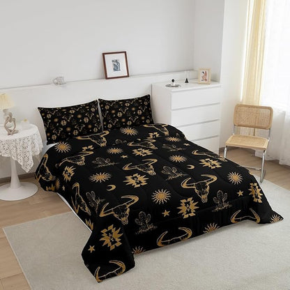 Erosebridal Western Bull Skull Comforter Set Full Boho Aztec Cow Bedding Set Bohemian Cactus Star Moon Sun Bed Comforter for Kids Boys Men Cowboy,Brown Black Exotic Ethnic Tribal Quilt 3 Pcs