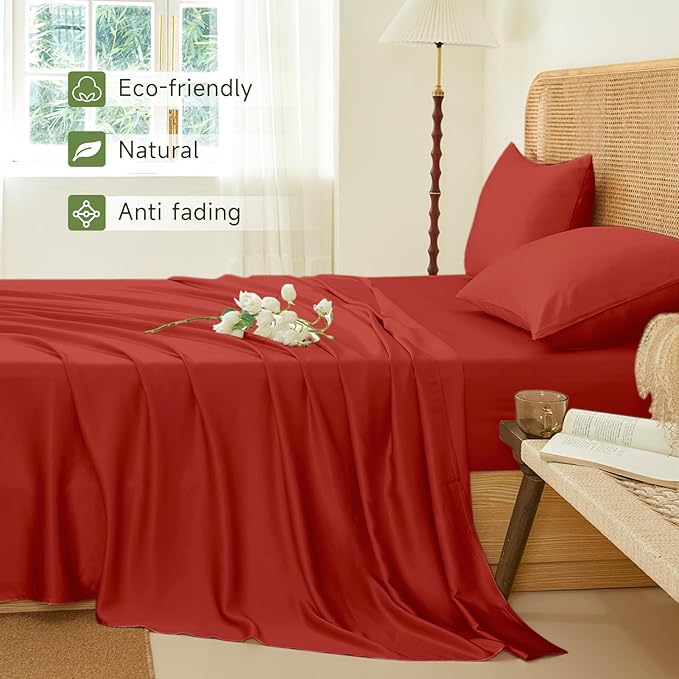 THXSILK Luxury Mulberry Silk Bed Sheets Set - 3pcs Silk Sheets Set 16" Deep Pocket - 1 Fitted Sheet, 1 Flat Sheet, 1 Pillowcase with Zipper Closure - Twin-XL, Red/Crimson