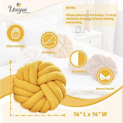Uvvyui Knot Pillows, 14 Inch Decorative Throw Pillows Round Pillows Cushion, Soft Handmade Knotted Ball Pillow Plush Cushion Home Decor for Bed Couch Living Room (Dark Yellow, 14 Inch)